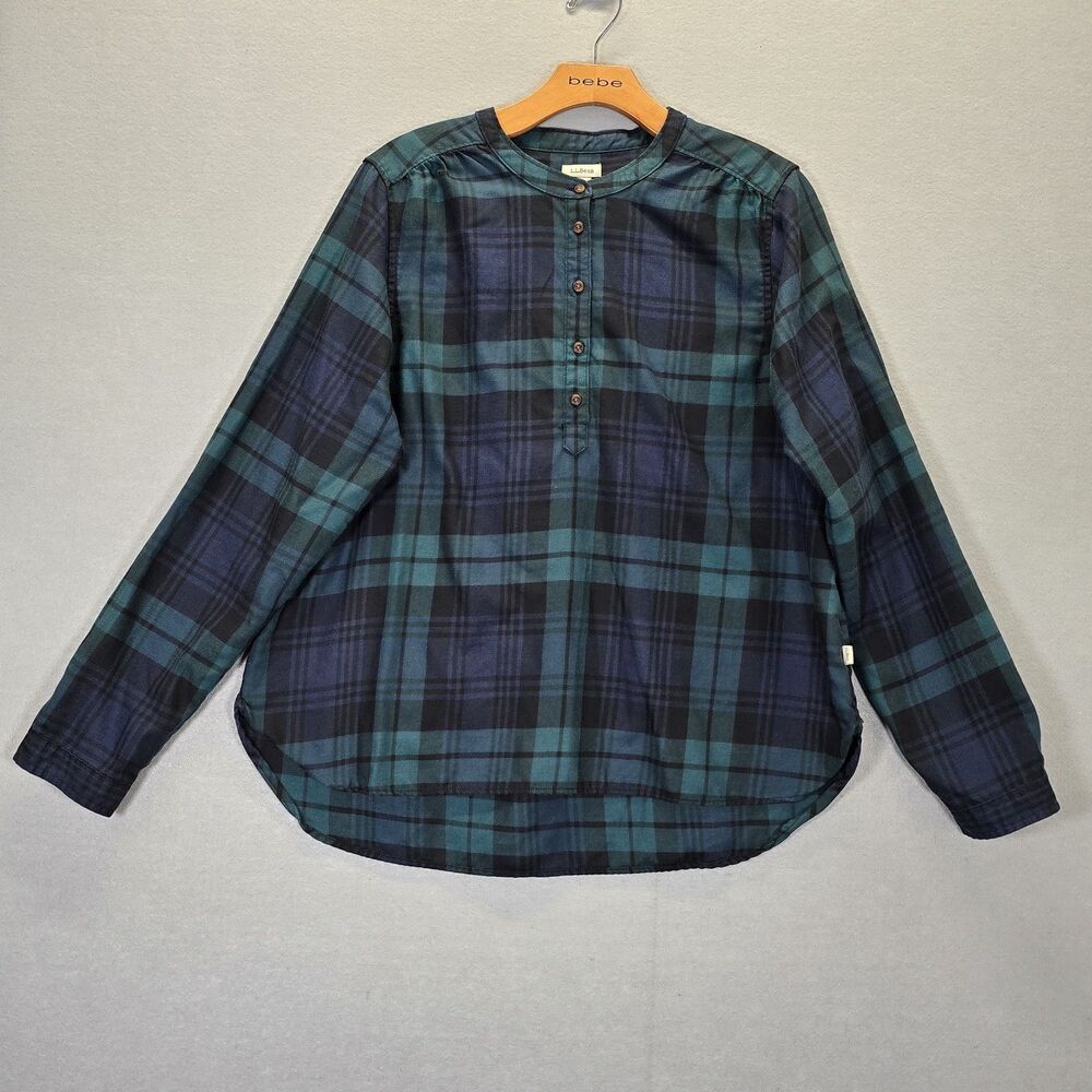 L L Bean Top Womens Size Large Green Blue Tartan Plaid Sheer Long Sleeve Casual